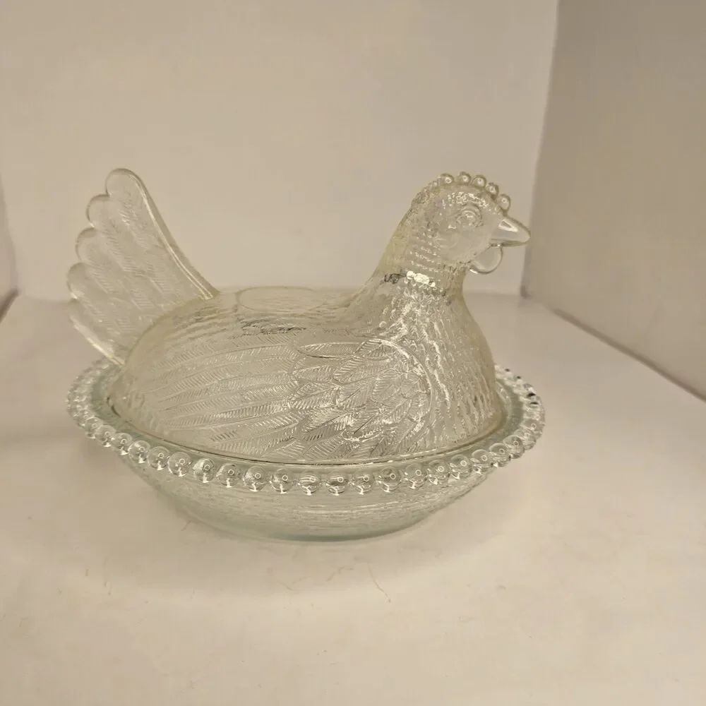 Vintage Clear Glass Hen On Nest Candy Dish *Flaw